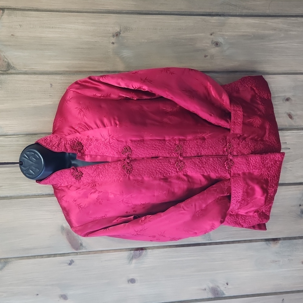 Vintage Peony Satin Floral Asian Jacket Red Size Medium - Picture 5 of 8